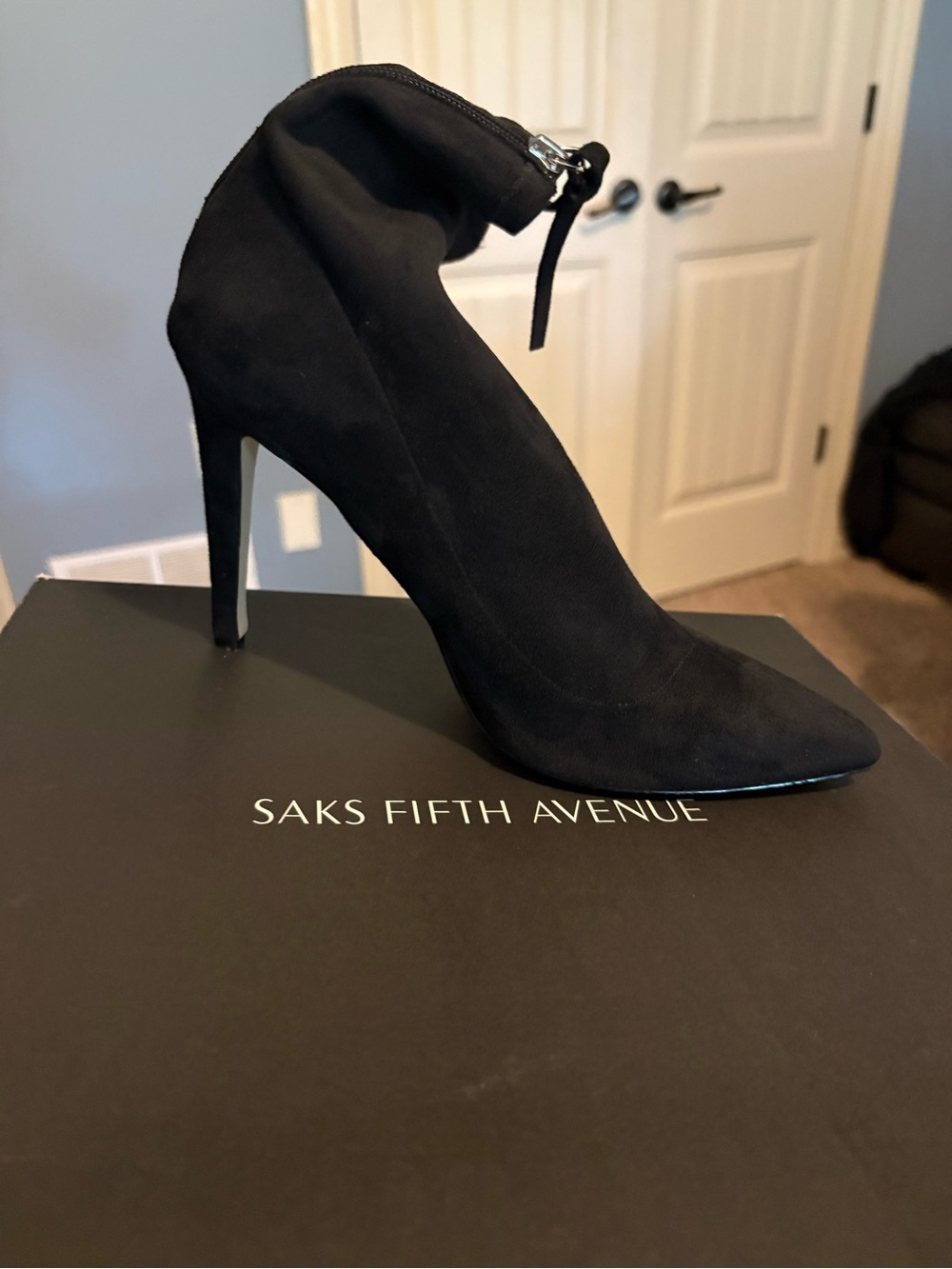 Saks Fifth Avenue Black Suede Pointed-Toe Stiletto Ankle Boot with Zip